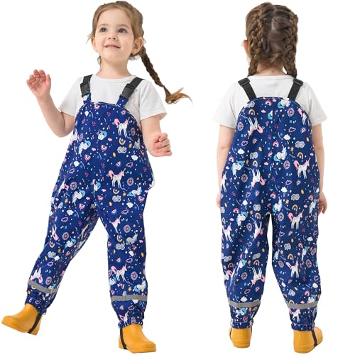 Fewlby Wasserdichte Hosen Kinder Matschhose, Mädchen Regenhosen Regenlatzhose Wind- und wasserdichte Regenoverall mit Fußschlaufen Wiederverwendbar Outdoor Regenbekleidung, 5-6 Jahre von Fewlby