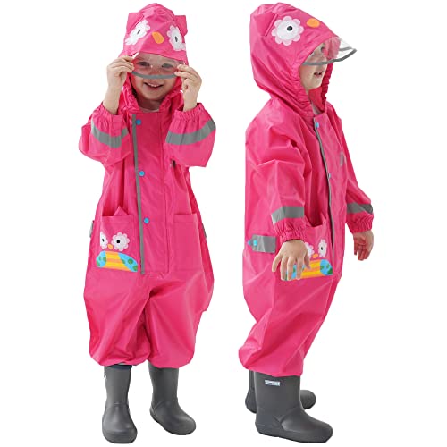 Kinder Regenanzug, Wasserdicht Regen Overall Jungen Mädchen Regenjacke Regenponcho Einteilig Regenmantel mit Kapuze Cartoon Regenkleidung, L 5-7 Jahre von Fewlby