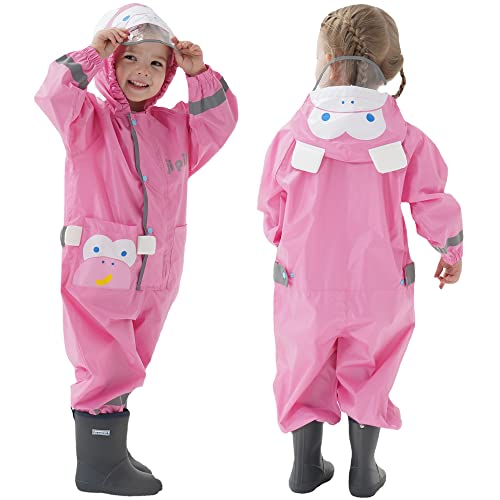 Kinder Regenanzug, Wasserdicht Regen Overall Jungen Mädchen Regenjacke Regenponcho Einteilig Regenmantel mit Kapuze Cartoon Regenkleidung, M 2-5 Jahre von Fewlby