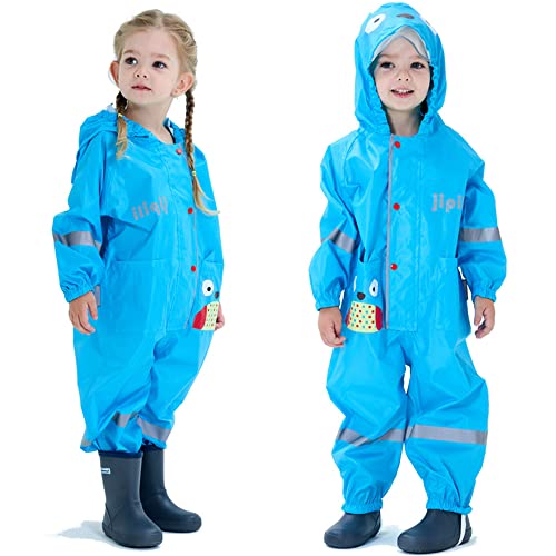 Kinder Regenanzug, Wasserdicht Regen Overall Jungen Mädchen Regenjacke Regenponcho Einteilig Regenmantel mit Kapuze Cartoon Regenkleidung, S 1-3 Jahre von Fewlby