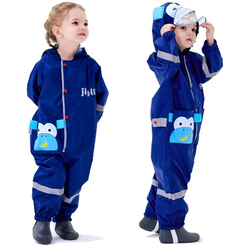 Kinder Regenanzug, Wasserdicht Regen Overall Jungen Mädchen Regenjacke Regenponcho Einteilig Regenmantel mit Kapuze Cartoon Regenkleidung, S 1-3 Jahre von Fewlby