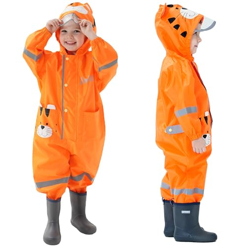 Kinder Regenanzug, Wasserdicht Regen Overall Jungen Mädchen Regenjacke Regenponcho Einteilig Regenmantel mit Kapuze Cartoon Regenkleidung, S 1-3 Jahre von Fewlby