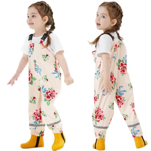 Fewlby Kinder Regenhosen Matschhose, Mädchen Wasserdichte Hosen Jungen Regenlatzhose Wind- und wasserdichte Regenträgerhose mit Fußschlaufen Wiederverwendbar Outdoor Regenbekleidung, 5-6 Jahre von Fewlby