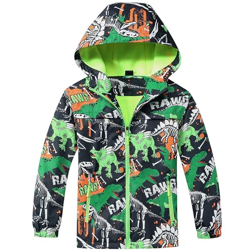 Fewlby Kinder Regenjacke, Jungen Outdoor Wasserdichte Jacke mit Kapuze Softshelljacke Kinder Fleecefütterung Übergangsjacke Cartoon Dinosaurier Regenjacke Wasserdichter Regenmantel, 9-10 Jahre von Fewlby