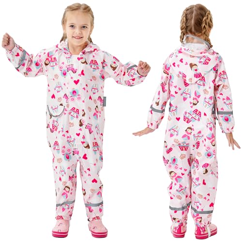 Fewlby Regenanzug Kinder, Regenponcho Jungen Mädchen Regenjacke Wasserdicht Regen Overall Einteilig Regenmantel mit Kapuze Outdoor Regenkleidung, S 1-3 Jahre von Fewlby