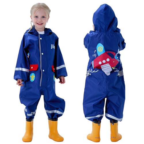 Fewlby Regenanzug Kinder Regenoverall, Regenponcho Jungen Mädchen Wasserdicht Regenjacken Kinder Regenmantel mit Kapuze Outdoor Regenkleidung, 1-3 Jahre Größe S von Fewlby