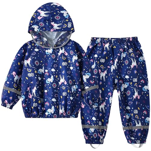 Fewlby Regenanzug Kinder Zweiteiliger Matschanzug - Regenjacke und Regenhose Mädchen Regen-Anzug 2PCS Set, Matschhose Regenmäntel Wind- und wasserdichte Regenbekleidung,5-6 Jahre von Fewlby