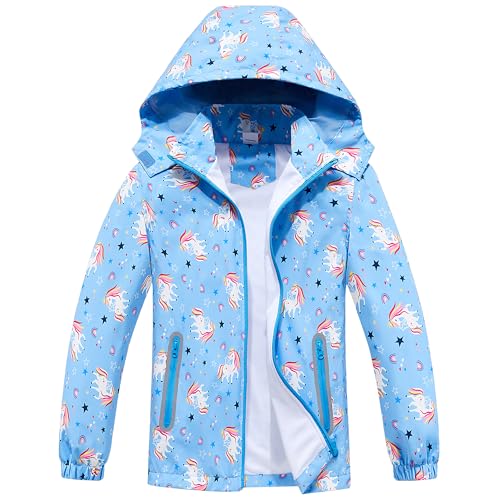 Regenjacke Mädchen, Outdoor Wasserdichte Jacke Kinder Regenmantel mit Kapuze Softshelljacke Blaues Einhorn Übergangsjacke Kapuzen Windjacke Leichtgewicht für Frühling und Herbst, 5-6 Jahre von Fewlby