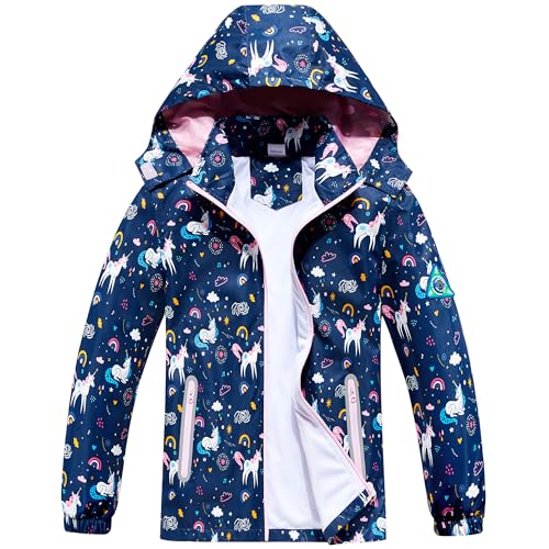 Regenjacke Mädchen, Outdoor Wasserdichte Jacke Kinder Regenmantel mit Kapuze Softshelljacke Blaues Einhorn Übergangsjacke Kapuzen Windjacke Leichtgewicht für Frühling und Herbst, 9-10 Jahre von Fewlby