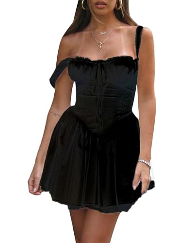 Fexofao Damen Milkmaid Kleid Korsett Mini Kokette Kleid Ärmellos Square Neck Tie Up Front Short Tank Casual A-Linie Kleid, Schwarz , Small von Fexofao