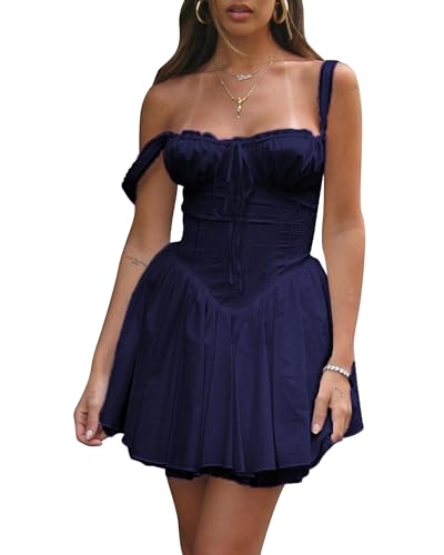 Fexofao Damen Milkmaid Kleid Korsett Mini Kokette Kleid Ärmellos Square Neck Tie Up Front Short Tank Casual A-Linie Kleid, blau, S von Fexofao