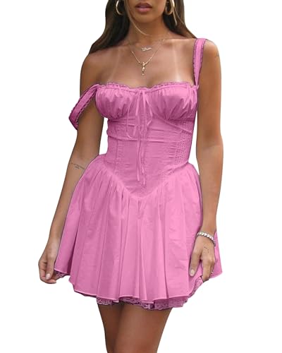 Fexofao Damen Milkmaid Kleid Korsett Mini Kokette Kleid Ärmellos Square Neck Tie Up Front Short Tank Casual A-Linie Kleid, rose, Small von Fexofao