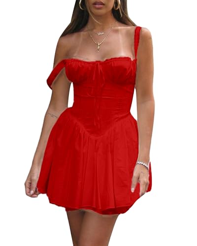 Fexofao Damen Milkmaid Kleid Korsett Mini Kokette Kleid Ärmellos Square Neck Tie Up Front Short Tank Casual A-Linie Kleid, rot, Small von Fexofao