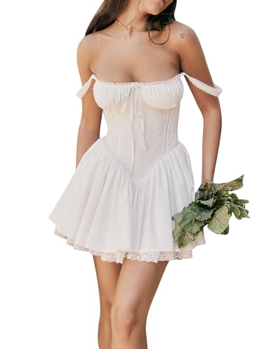 Fexofao Damen Milkmaid Kleid Korsett Mini Kokette Kleid Ärmellos Square Neck Tie Up Front Short Tank Casual A-Linie Kleid, weiß, L von Fexofao