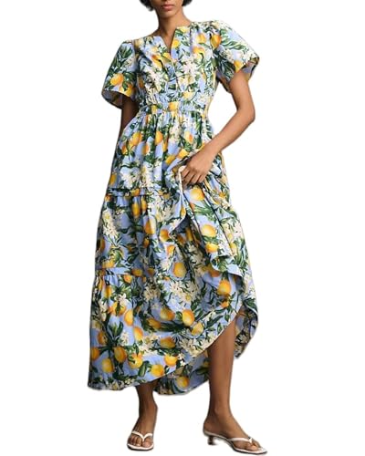 Fexofao Zitronenkleid für Damen, Flatterärmel, Maxikleid, Boho, gesmoktes Sommerkleid, V-Ausschnitt, fließendes langes Kleid, Aline, Strandkleid, zitronengelb, XL Fexofao Zitronenkleid für Damen, Flatterärmel, Maxikleid, Boho, gesmoktes Sommerkleid, V-Ausschnitt, fließendes langes Kleid, Aline, Strandkleid, zitronengelb, XL von Fexofao