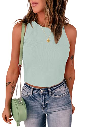 Feziakuk Damen Crop Top Sexy Ärmellose Tank Top Gerippte Oberteil Sommer Basic Slim Fit Camisole Shirt, Hellgrün L von Feziakuk