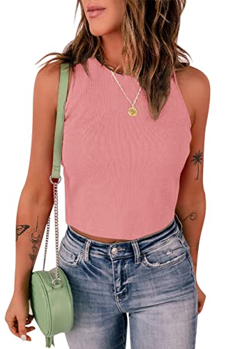 Feziakuk Damen Crop Top Sexy Ärmellose Tank Top Gerippte Oberteil Sommer Basic Slim Fit Camisole Shirt, Rosa L von Feziakuk