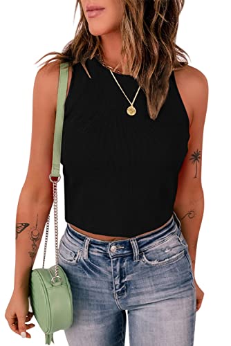 Feziakuk Damen Crop Top Sexy Ärmellose Tank Top Gerippte Oberteil Sommer Basic Slim Fit Camisole Shirt, Schwarz L von Feziakuk