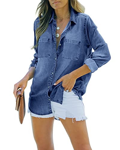 Feziakuk Damen Jeanshemd Button Down Jeansbluse Langarm Weich Denim Hemd Casual Jeansjacke Frühling Herbst Oberteile mit Brusttaschen, Blau L von Feziakuk