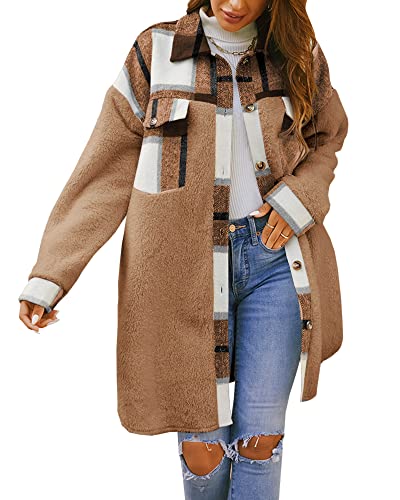 Feziakuk Damen Mantel Flanell Dufflecoat Lässiges Revers Kariert Jacke Warme Mittellange Wollmantel Herbst Winter Einreihiger Kaschmirmantel Frauen Wintermantel, Braun L von Feziakuk