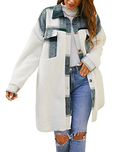 Feziakuk Damen Mantel Flanell Dufflecoat Lässiges Revers Kariert Jacke Warme Mittellange Wollmantel Herbst Winter Einreihiger Kaschmirmantel Frauen Wintermantel, Dunkelgrün M von Feziakuk