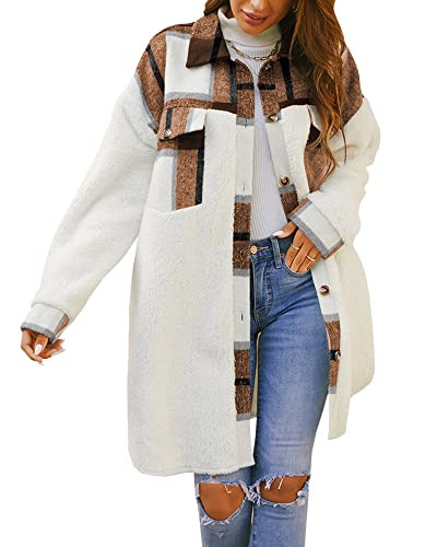 Feziakuk Damen Mantel Flanell Dufflecoat Lässiges Revers Kariert Jacke Warme Mittellange Wollmantel Herbst Winter Einreihiger Kaschmirmantel Frauen Wintermantel, Khaki XL von Feziakuk