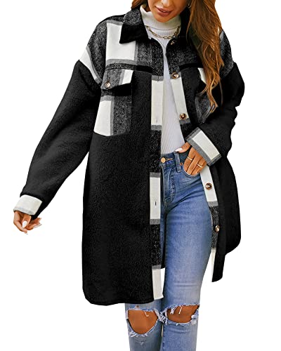 Feziakuk Damen Mantel Flanell Dufflecoat Lässiges Revers Kariert Jacke Warme Mittellange Wollmantel Herbst Winter Einreihiger Kaschmirmantel Frauen Wintermantel, Schwarz L von Feziakuk