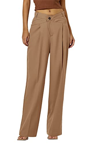 Feziakuk Damen Palazzo Hose Einfarbig Weite Beine Hosen Casual Stoffhose Mode Knopf Anzughose Freizeithose, Braun S von Feziakuk