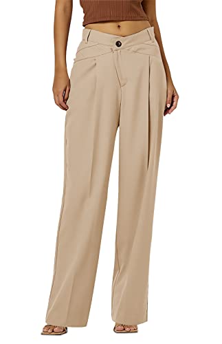 Feziakuk Damen Palazzo Hose Einfarbig Weite Beine Hosen Casual Stoffhose Mode Knopf Anzughose Freizeithose, Khaki L von Feziakuk