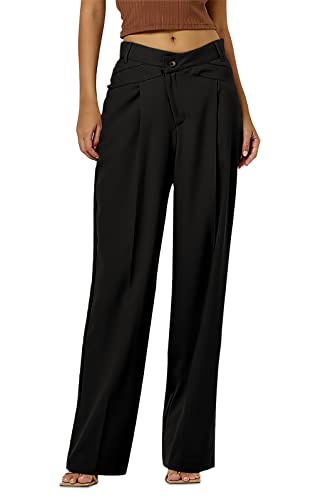 Feziakuk Damen Palazzo Hose Einfarbig Weite Beine Hosen Casual Stoffhose Mode Knopf Anzughose Freizeithose, Schwarz XXL von Feziakuk