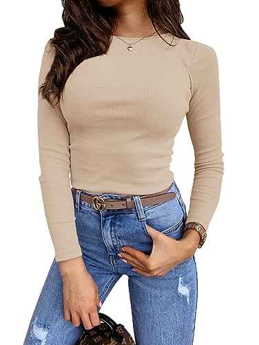 Feziakuk Damen Sexy Enges Oberteil Strick Langarm Rippshirt Mode Casual Pullover Slim Fit Top, Aprikose L von Feziakuk