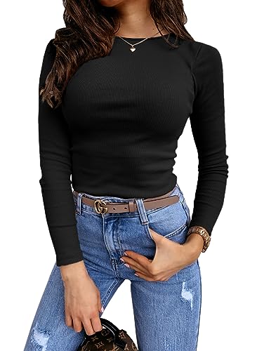 Feziakuk Damen Sexy Enges Oberteil Strick Langarm Rippshirt Mode Casual Pullover Slim Fit Top, Schwarz L von Feziakuk