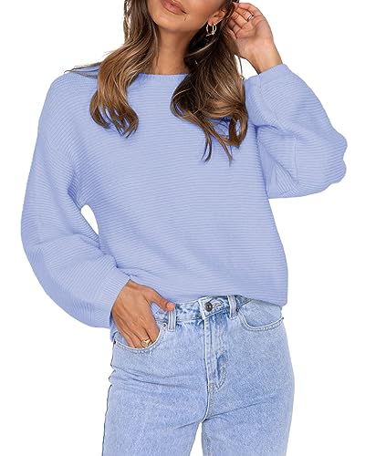 Feziakuk Damen Strickpullover Gerippte Pullover Mode Einfarbig Sweater Locker Lässig Tops Oberteile Für Herbst und Winter, Blau S von Feziakuk