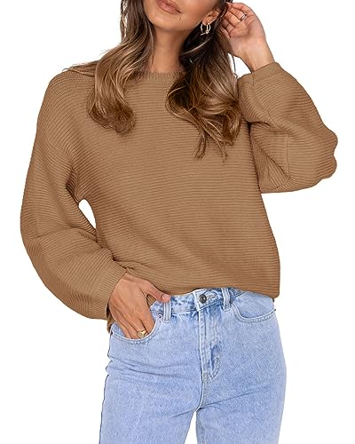 Feziakuk Damen Strickpullover Gerippte Pullover Mode Einfarbig Sweater Locker Lässig Tops Oberteile Für Herbst und Winter, FAW S von Feziakuk