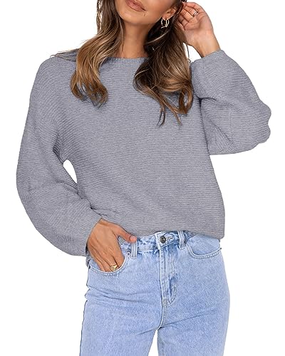 Feziakuk Damen Strickpullover Gerippte Pullover Mode Einfarbig Sweater Locker Lässig Tops Oberteile Für Herbst und Winter, Grau XL von Feziakuk