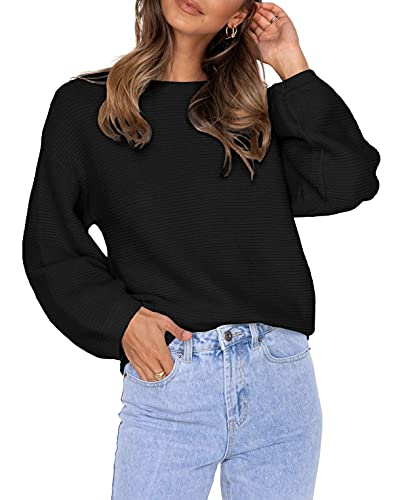 Feziakuk Damen Strickpullover Gerippte Pullover Mode Einfarbig Sweater Locker Lässig Tops Oberteile Für Herbst und Winter, Schwarz L von Feziakuk