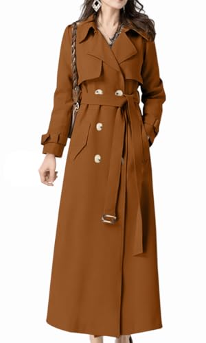 Feziakuk Damen Trenchcoat Lang Zweireihiger Mantel Winddichter Jacke Einfarbig Revers Übergangsmantel mit Verstellbare Gürtel, Braun XXL von Feziakuk