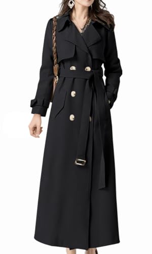 Feziakuk Damen Trenchcoat Lang Zweireihiger Mantel Winddichter Jacke Einfarbig Revers Übergangsmantel mit Verstellbare Gürtel, Schwarz XL von Feziakuk