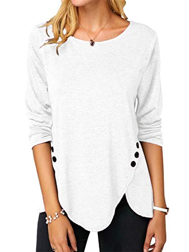 Feziakuk Damen Tunika Einfarbig Blusenshirt Rundkragen Langarmshirt Oberteile Top mit Seitliche Knöpfe, Weiß S von Feziakuk