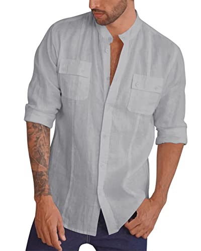 Feziakuk Leinenhemd Herren Langarm Stehkragen Hemd Baumwolle Sommerhemd Männer Regular Fit Freizeithemd für Frühling und Sommer, Grau XXL von Feziakuk