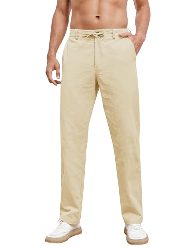 Feziakuk Herren Leinenhose mit Kordelzug Leicht Hose Baumwolle Einfarbig Pants für Männer, Beige M von Feziakuk