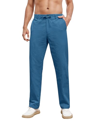 Feziakuk Herren Leinenhose mit Kordelzug Leicht Hose Baumwolle Einfarbig Pants für Männer, Blau M von Feziakuk