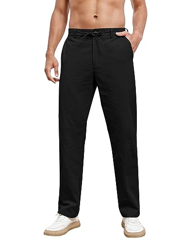 Feziakuk Herren Leinenhose mit Kordelzug Leicht Hose Baumwolle Einfarbig Pants für Männer, Schwarz M von Feziakuk