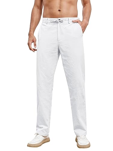 Feziakuk Herren Leinenhose mit Kordelzug Leicht Hose Baumwolle Einfarbig Pants für Männer, Weiß M von Feziakuk