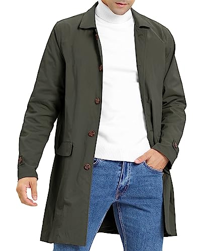 Feziakuk Herren Trenchcoat Einreihig Lang Mantel Leichter Revers Herbst Winter Jacke Übergangsjacke, Armeegrün M von Feziakuk