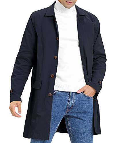 Feziakuk Herren Trenchcoat Einreihig Lang Mantel Leichter Revers Herbst Winter Jacke Übergangsjacke, Dunkelblau M von Feziakuk