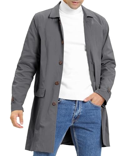 Feziakuk Herren Trenchcoat Einreihig Lang Mantel Leichter Revers Herbst Winter Jacke Übergangsjacke, Dunkelgrau M von Feziakuk