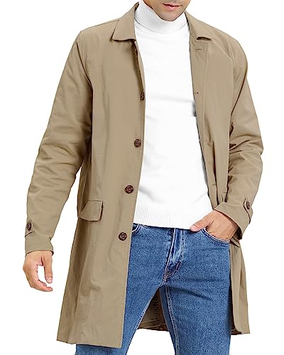 Feziakuk Herren Trenchcoat Einreihig Lang Mantel Leichter Revers Herbst Winter Jacke Übergangsjacke, Khaki S von Feziakuk