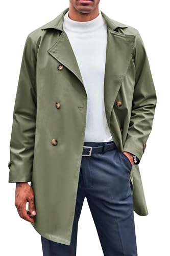 Feziakuk Herren Trenchcoat Zweireihiger Lang Mantel Revers Herbst Winter Militärstil Jacke Übergangsjacke, Armeegrün XL von Feziakuk