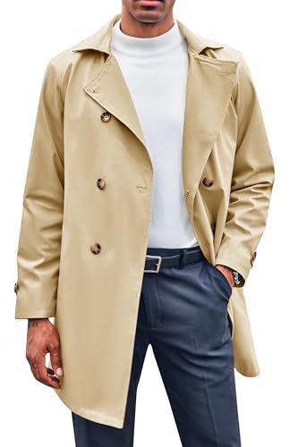 Feziakuk Herren Trenchcoat Zweireihiger Lang Mantel Revers Herbst Winter Militärstil Jacke Übergangsjacke, Khaki L von Feziakuk